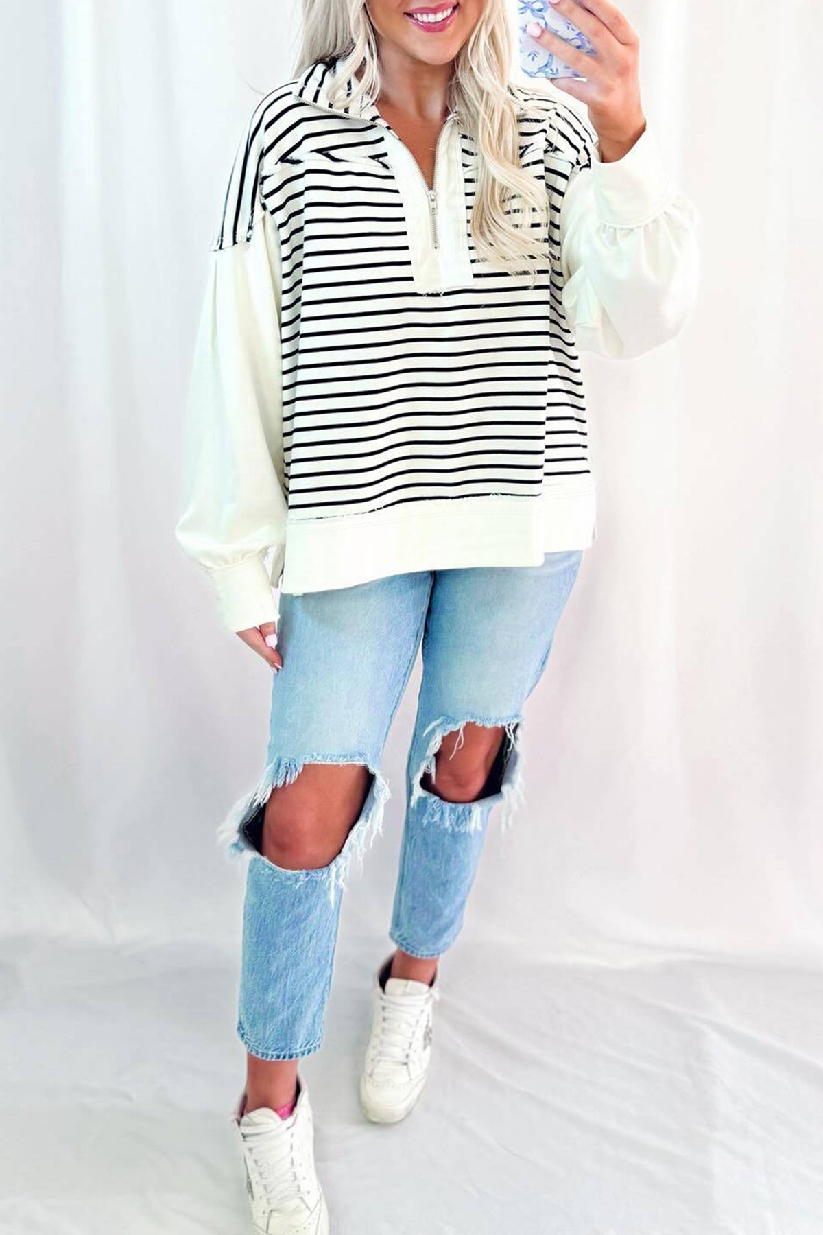 KaleaBoutique Comfortable Color Block Long Puff Sleeve Metal Zip-Up Collar Top - KaleaBoutique.com