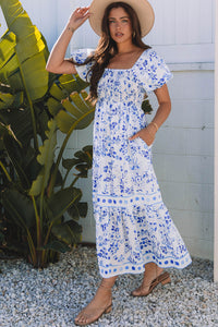 KaleaBoutique Stylish Floral Print Square Neck Bubble Sleeve High Waist Maxi Dress - KaleaBoutique.com