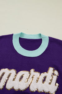 Colorblock Patchwork Fuzzy Mardi Gras Graphic Sweater - KaleaBoutique.com