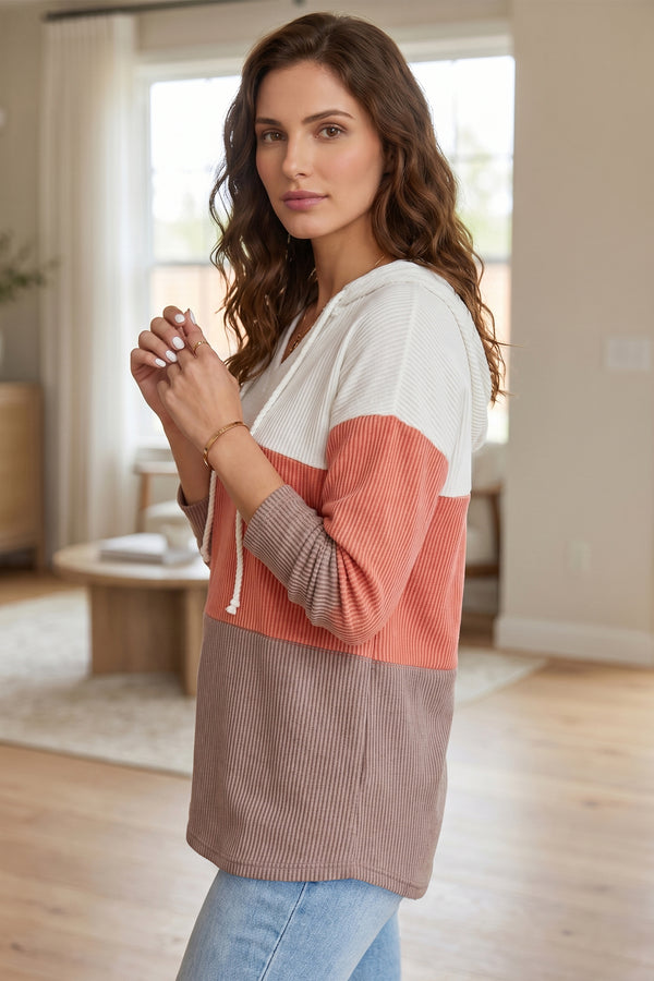 KaleaBoutique Stylish Ribbed Colorblock Hooded Pullover Long Sleeve Top - KaleaBoutique.com