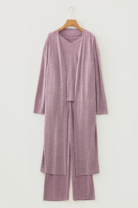 KaleaBoutique Stylish 3pcs V Neck T Shirt Ribbon Knot Pants Open Duster 3pcs Lounge Set - KaleaBoutique.com