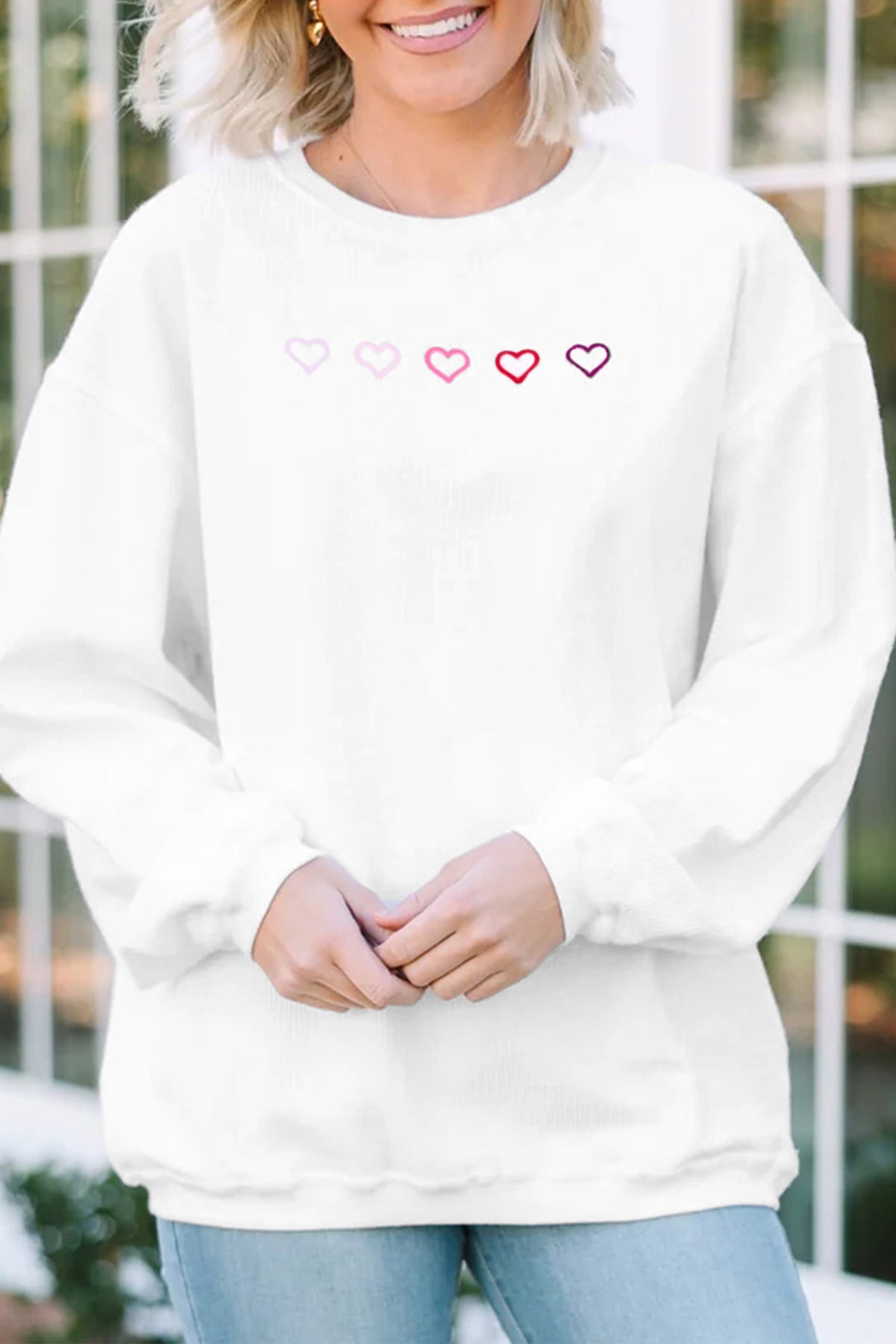 3d Ribbed XOXO Heart Embroidered Drop Shoulder Sweatshirt - KaleaBoutique.com