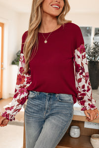 Contrast Floral Sleeve Solid Ribbed Body Patchwork Long Sleeve Top - KaleaBoutique.com