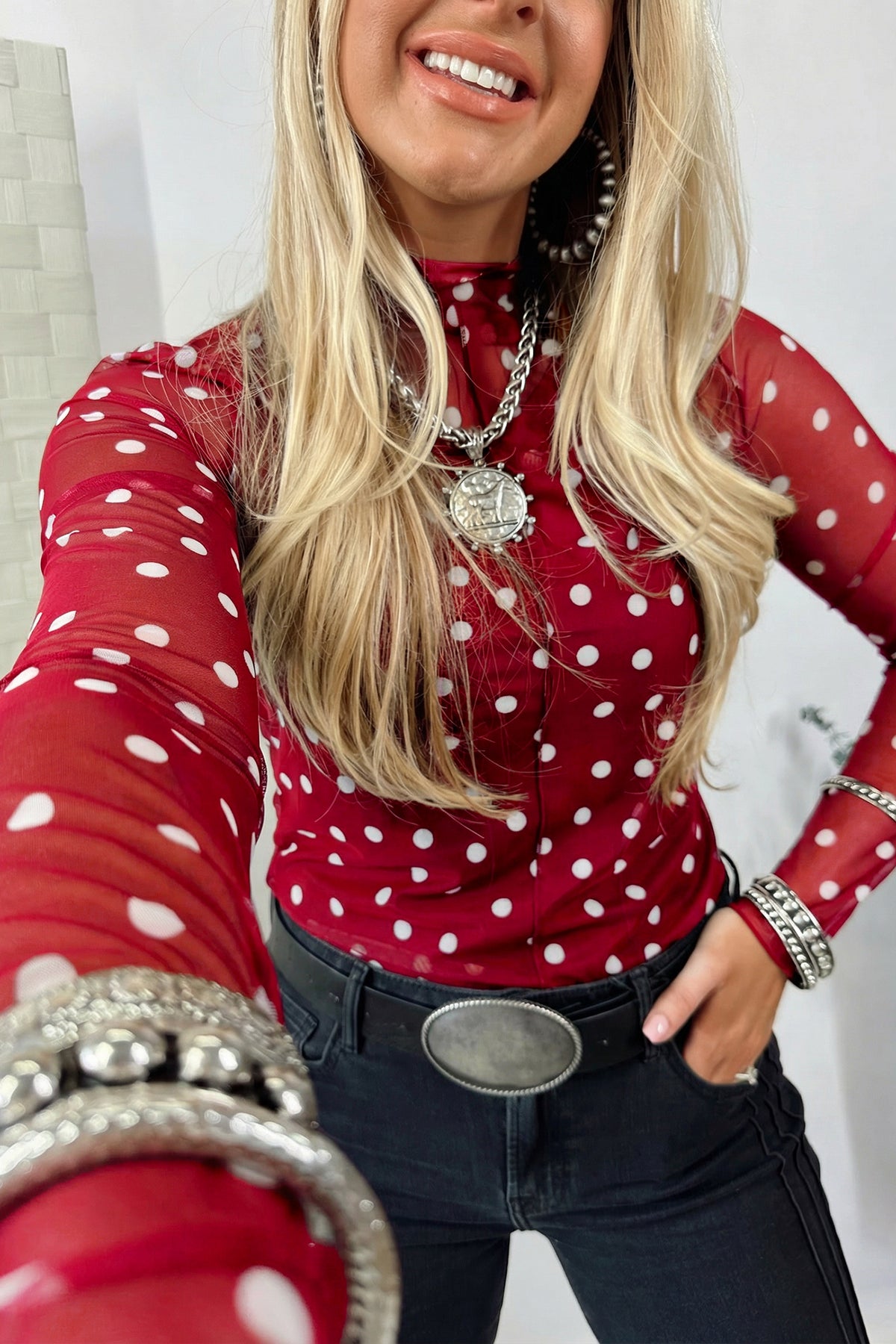 KaleaBoutique Stylish Polka Dot Patterned Bodycon Mock Neck Mesh Long Sleeve Top - KaleaBoutique.com