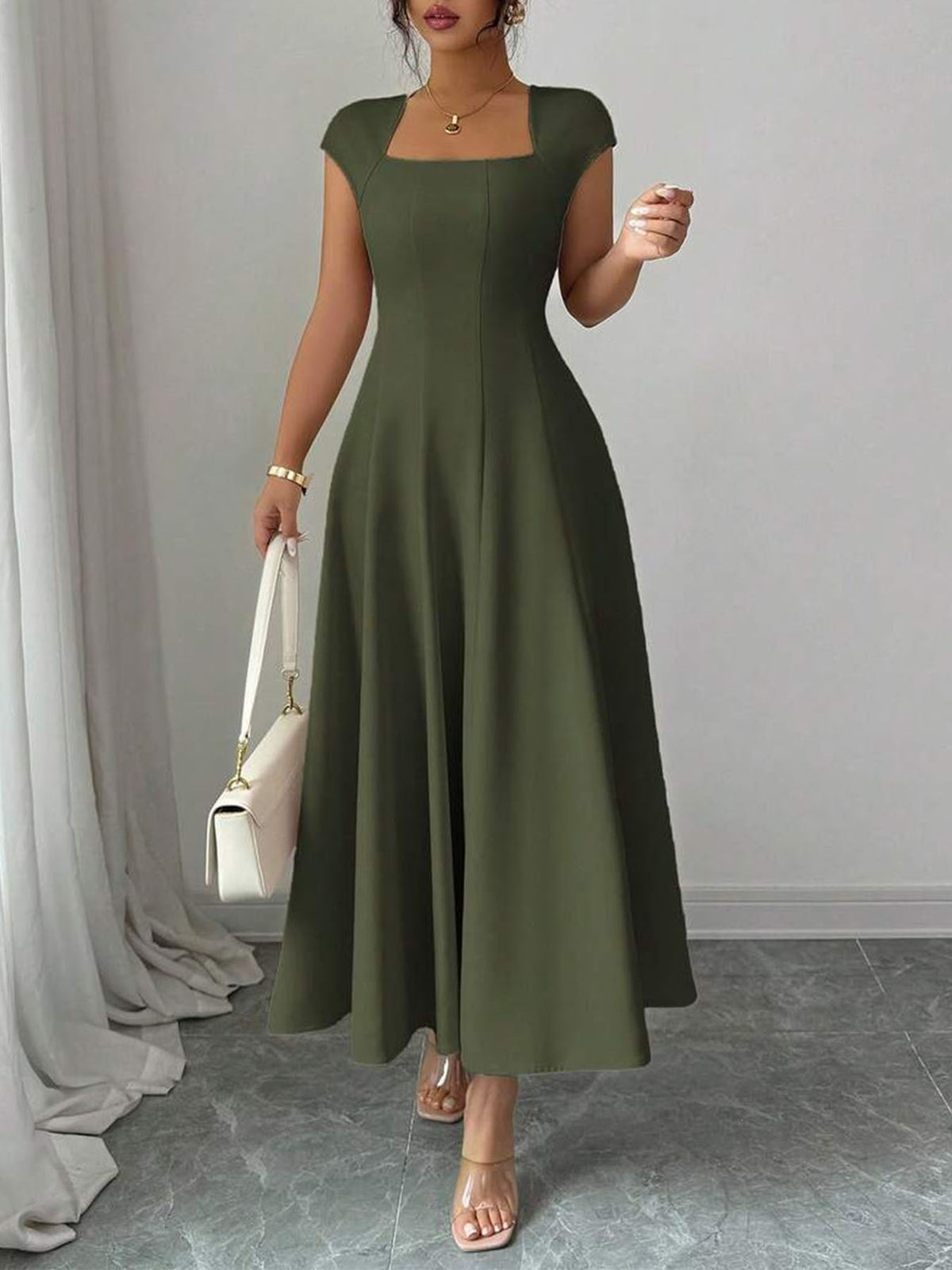 Elegant Long Dress With A Square Neckline And Short Sleeves - KaleaBoutique.com