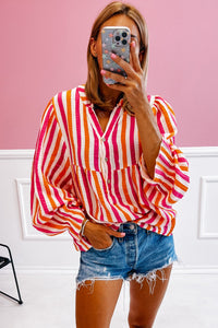 KaleaBoutique Stylish Balloon Sleeve Notched V Neck Buttoned Front Blouse - KaleaBoutique.com