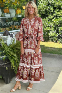 Floral Print Belted Striped Trim Tiered Maxi Dress - KaleaBoutique.com