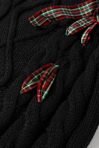 KaleaBoutique Comfortable Plaid Lace up Detail Christmas Holiday Puff Short Sleeve Sweater - KaleaBoutique.com