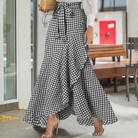 Cross-Border Women's Plaid Mermaid Skirt With Ruffled Irregular Hem, High-Waisted Casual Umbrella Wrap Long Skirt - KaleaBoutique.com