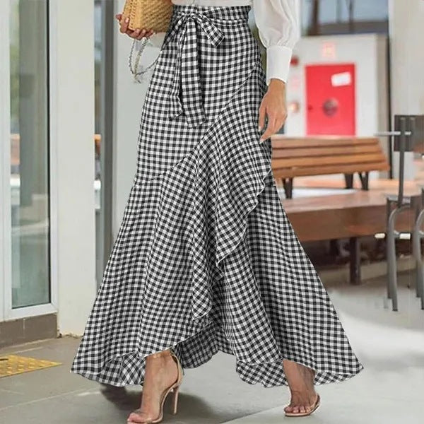 Cross-Border Women's Plaid Mermaid Skirt With Ruffled Irregular Hem, High-Waisted Casual Umbrella Wrap Long Skirt - KaleaBoutique.com