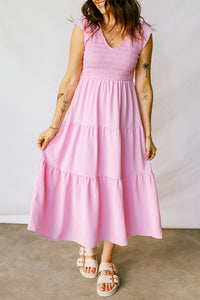 Smocked Bodice Flutter Sleeve Fit Flare Tiered Midi Dress - KaleaBoutique.com