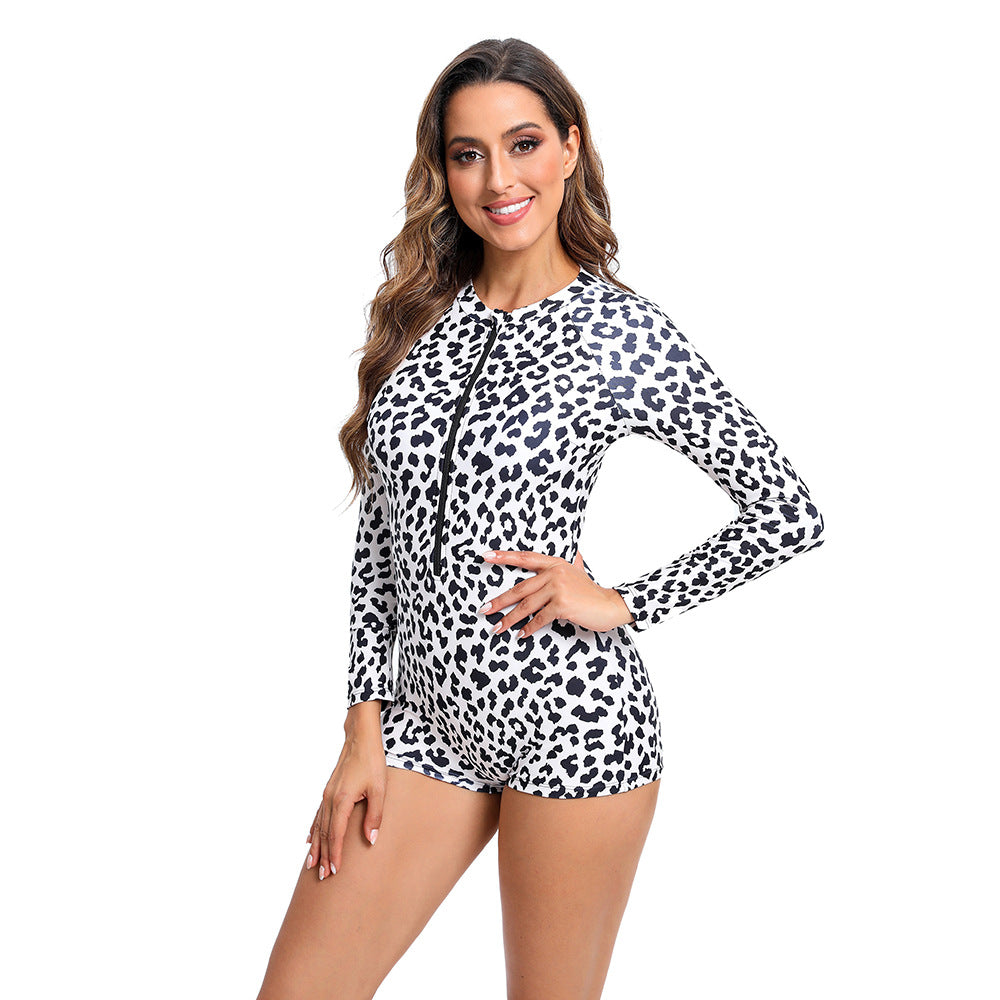 Women's Leopard Print Long-Sleeve Zip-Front One-Piece Swimsuit - KaleaBoutique.com