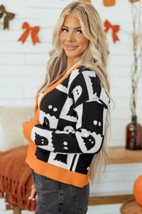 Black Geometric Ghost Print Knit Cardigan with Orange Trim - KaleaBoutique.com
