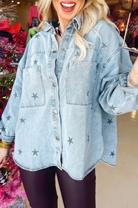 Stars Pattern Long Sleeve Shirt Collar Denim Jacket - KaleaBoutique.com