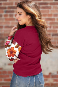 Contrast Floral Sleeve Solid Ribbed Body Patchwork Long Sleeve Top - KaleaBoutique.com