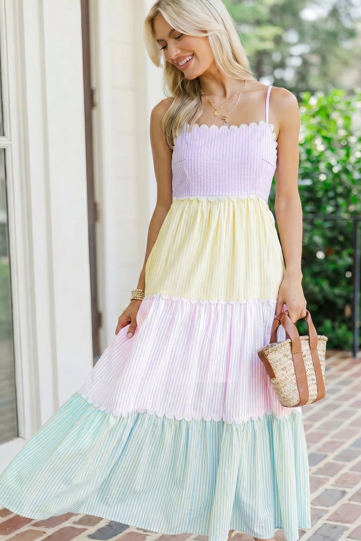KaleaBoutique Stylish Striped Colorblock Adjustable Strap Scalloped Detail Long Dress - KaleaBoutique.com