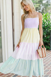 KaleaBoutique Stylish Striped Colorblock Adjustable Strap Scalloped Detail Long Dress - KaleaBoutique.com