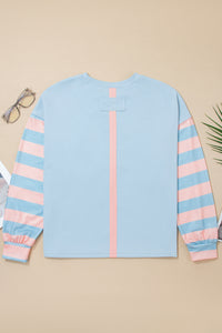 KaleaBoutique Stylish Big Flower Patch Drop Shoulder Striped Long Sleeve Top - KaleaBoutique.com