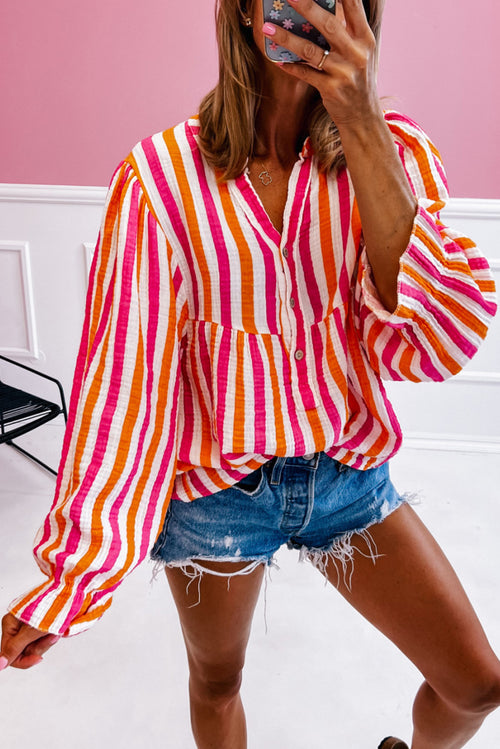 KaleaBoutique Stylish Balloon Sleeve Notched V Neck Buttoned Front Blouse - KaleaBoutique.com