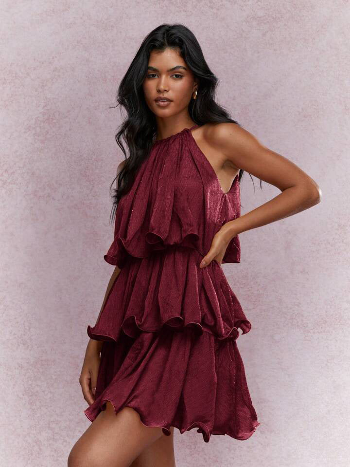 Elegant Halter Neck Sleeveless Strapless Sheer Layered Dress - Ruffled Hem Elegant Women's Summer Party Dress Beach Vacation Outfits - KaleaBoutique.com