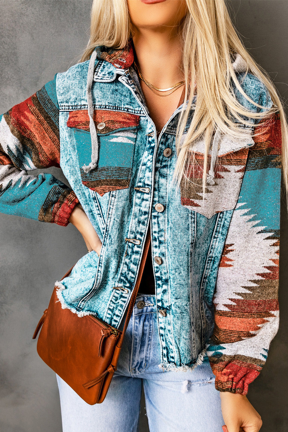 KaleaBoutique Stylish Aztec Print Frayed Hem Denim Jacket - KaleaBoutique.com