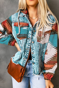 KaleaBoutique Stylish Aztec Print Frayed Hem Denim Jacket - KaleaBoutique.com