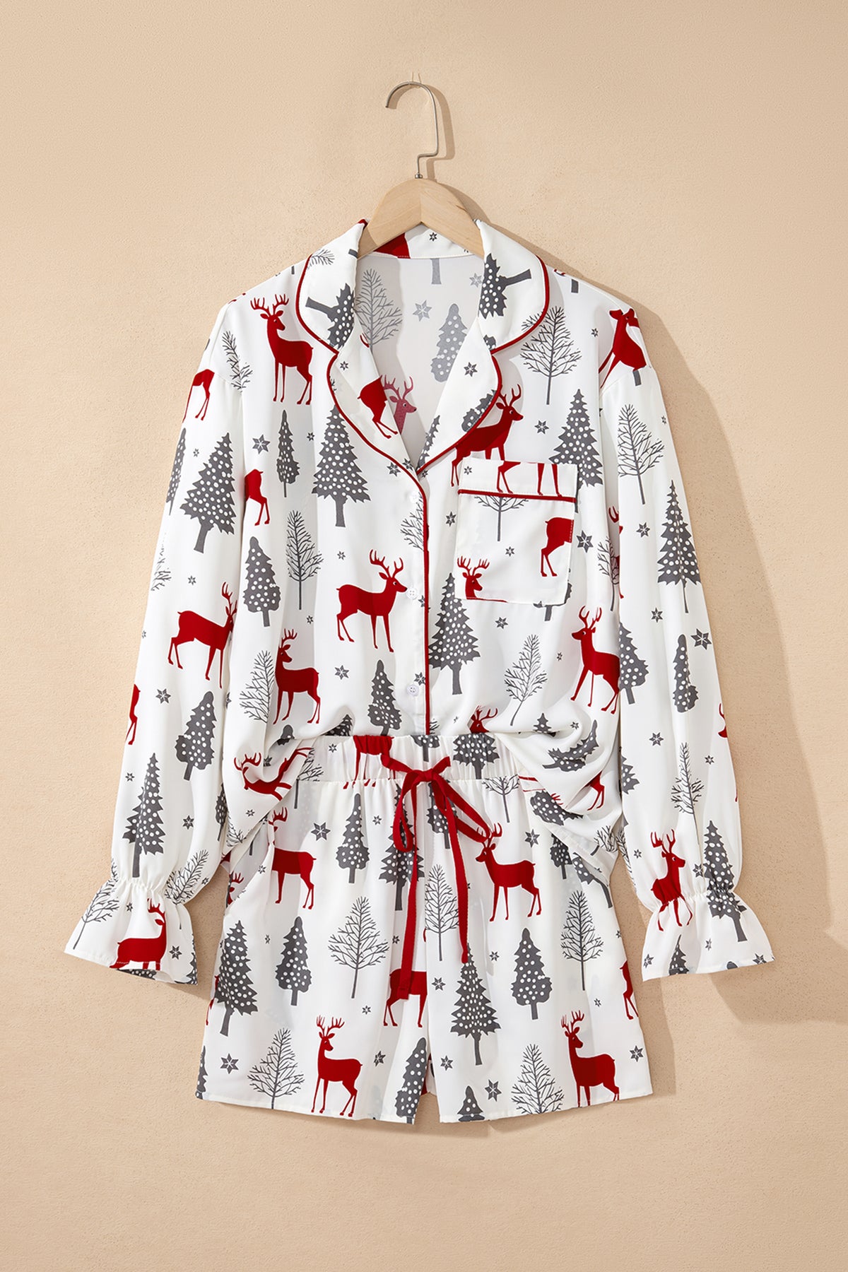 KaleaBoutique Comfortable Christmas Fashion Print Velvet Trim Bow Knot Pajama 2pcs Short Set - KaleaBoutique.com