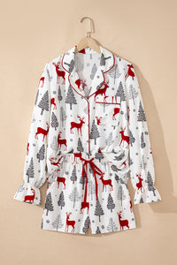 KaleaBoutique Comfortable Christmas Fashion Print Velvet Trim Bow Knot Pajama 2pcs Short Set - KaleaBoutique.com