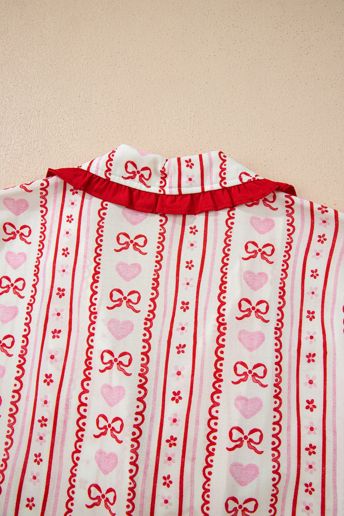 KaleaBoutique Stylish Sweet Floral Heart Bow Print Contrast Trim Long Sleeve Shirt Pajama Short Set - KaleaBoutique.com