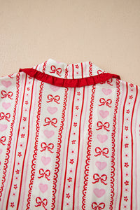 KaleaBoutique Stylish Sweet Floral Heart Bow Print Contrast Trim Long Sleeve Shirt Pajama Short Set - KaleaBoutique.com