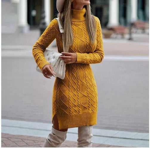 Fashion Turtleneck Knitted Dress With Slit Design Winter Warm Solid Color Pullover Long Sweater Women's Clothing - KaleaBoutique.com