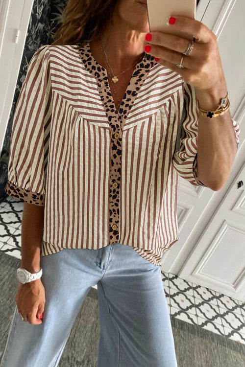 KaleaBoutique Comfortable Leopard Trim V Neck Button Down Half Sleeve Shirt - KaleaBoutique.com