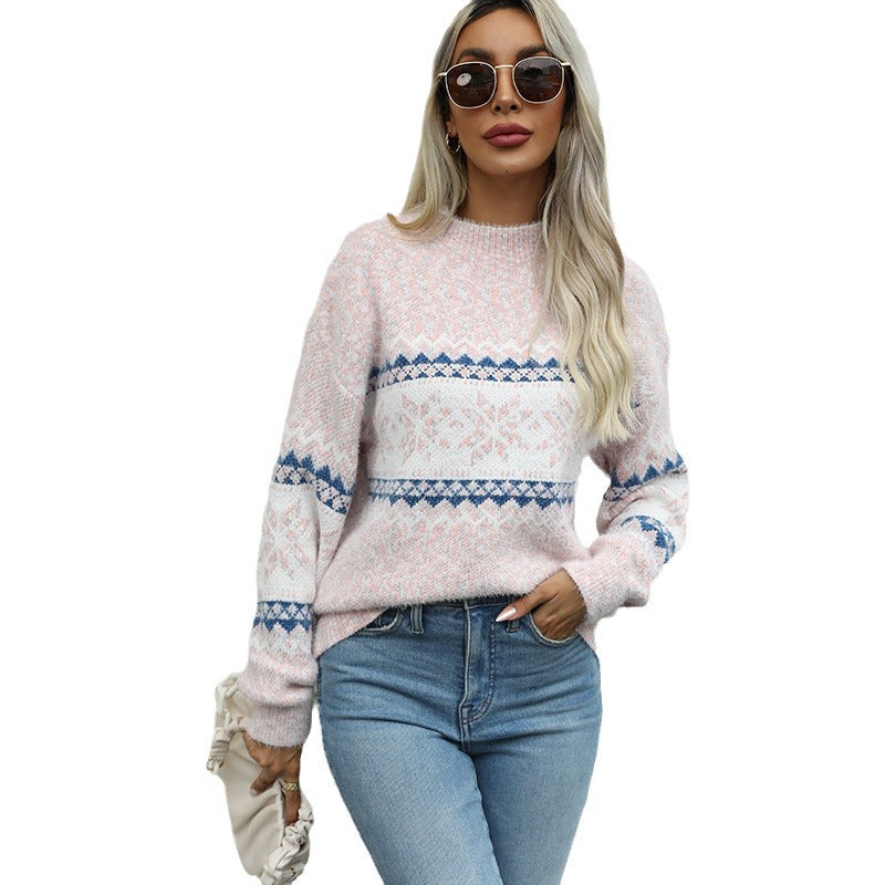 Women's Snowflake Mock-Neck Pastel Color Christmas Pullover Sweater - KaleaBoutique.com