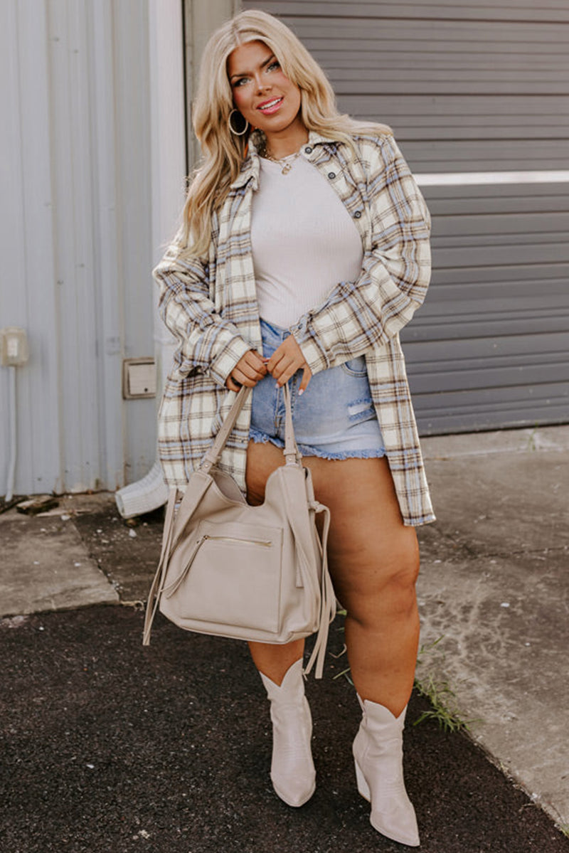 KaleaBoutique White Plaid Print Tunic Plus Size Shacket with Slits - KaleaBoutique.com