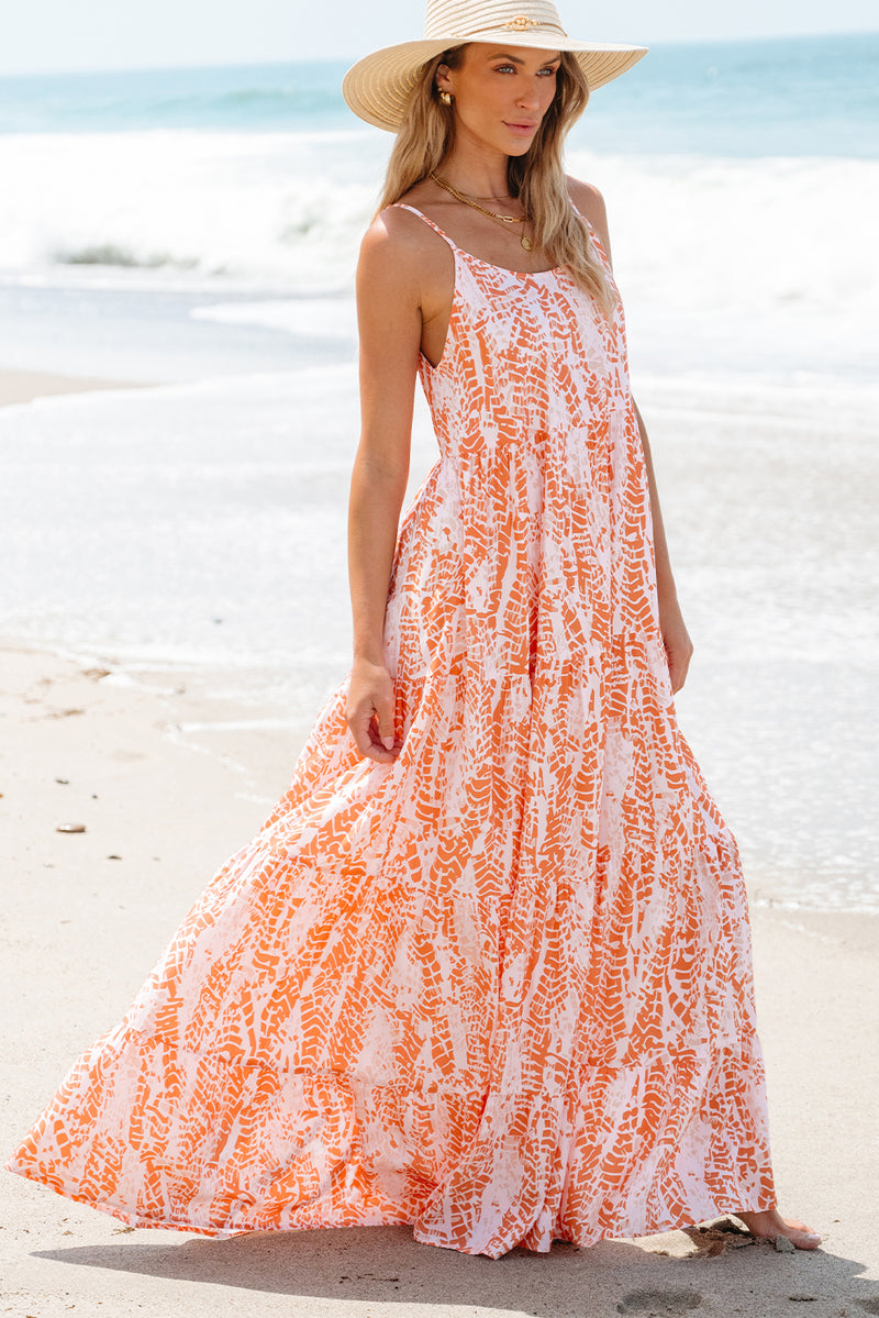 KaleaBoutique Abstract Print Spaghetti Straps Backless Tiered Maxi Dress Orange / (US 12-14)l KaleaBoutique Abstract Print Spaghetti Straps Backless Tiered Maxi Dress Orange / (US 12-14)l