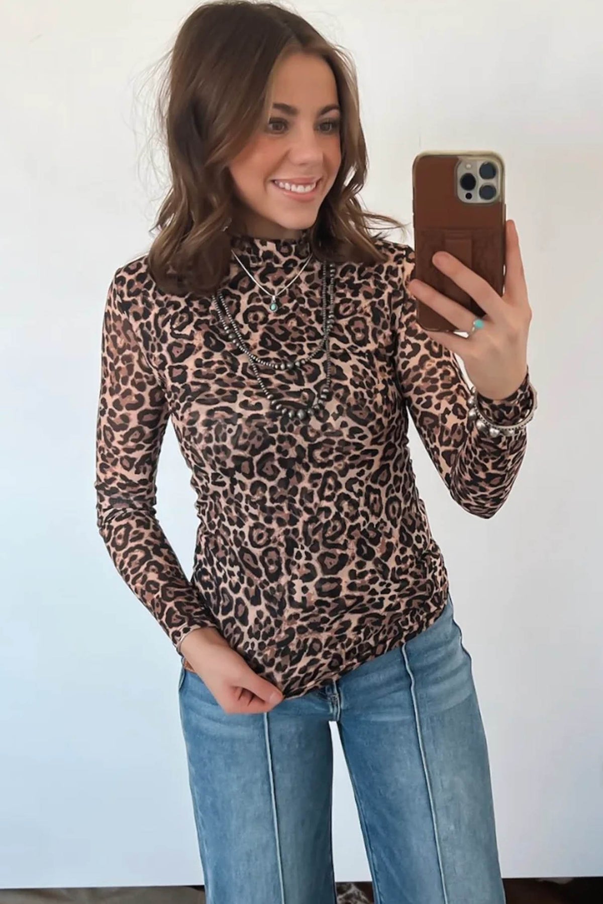 KaleaBoutique Stylish Leopard High Neck Long Sleeve Western Slim Top - KaleaBoutique.com