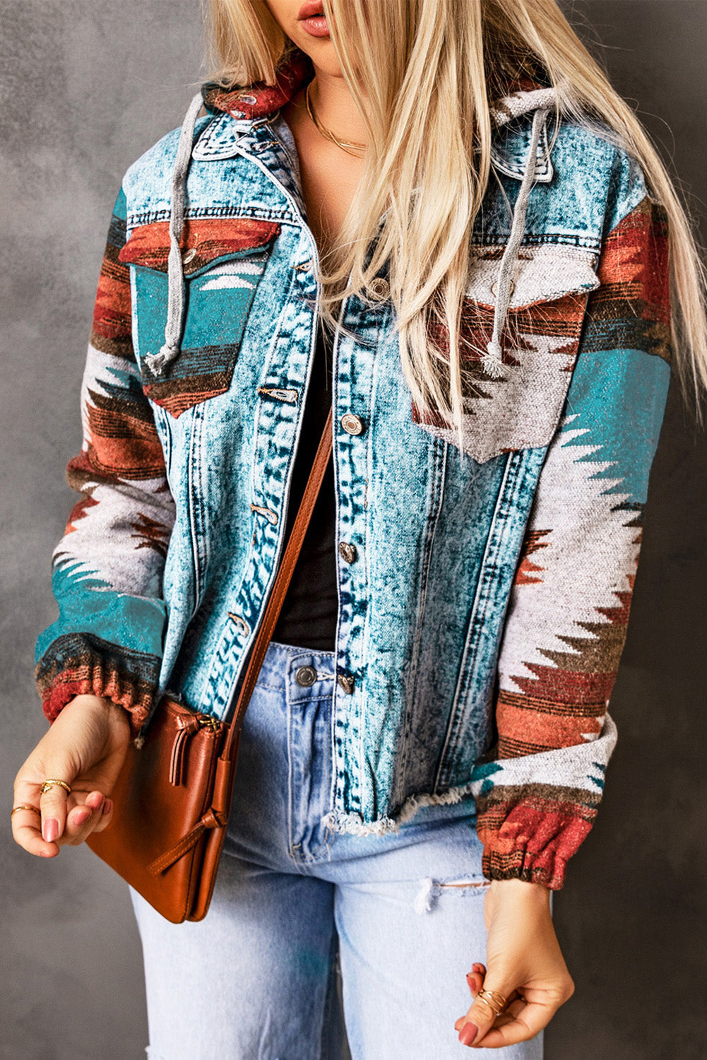 KaleaBoutique Stylish Aztec Print Frayed Hem Denim Jacket - KaleaBoutique.com