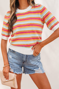 KaleaBoutique Stylish Abstract Striped Knit Short Sleeve Sweater - KaleaBoutique.com