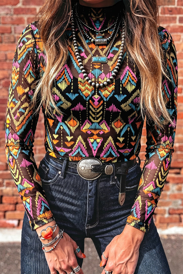 KaleaBoutique Stylish Abstract Print Long Sleeve Stand Neck Mesh Top - KaleaBoutique.com