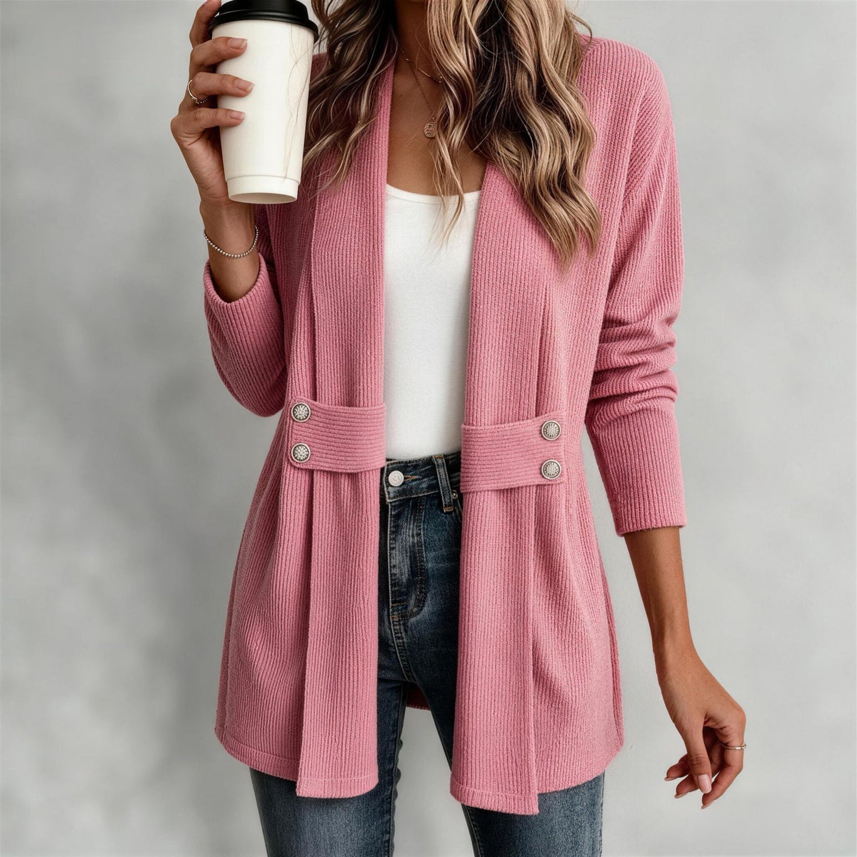 Women's Open-Front Ribbed Cardigan with Button Tabs - KaleaBoutique.com
