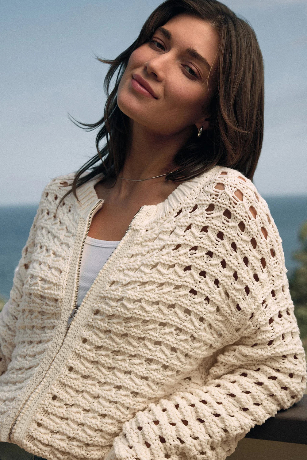 KaleaBoutique Stylish Hollowed Pattern Knit Zip Up Drop Shoulder Sweater Cardigan - KaleaBoutique.com