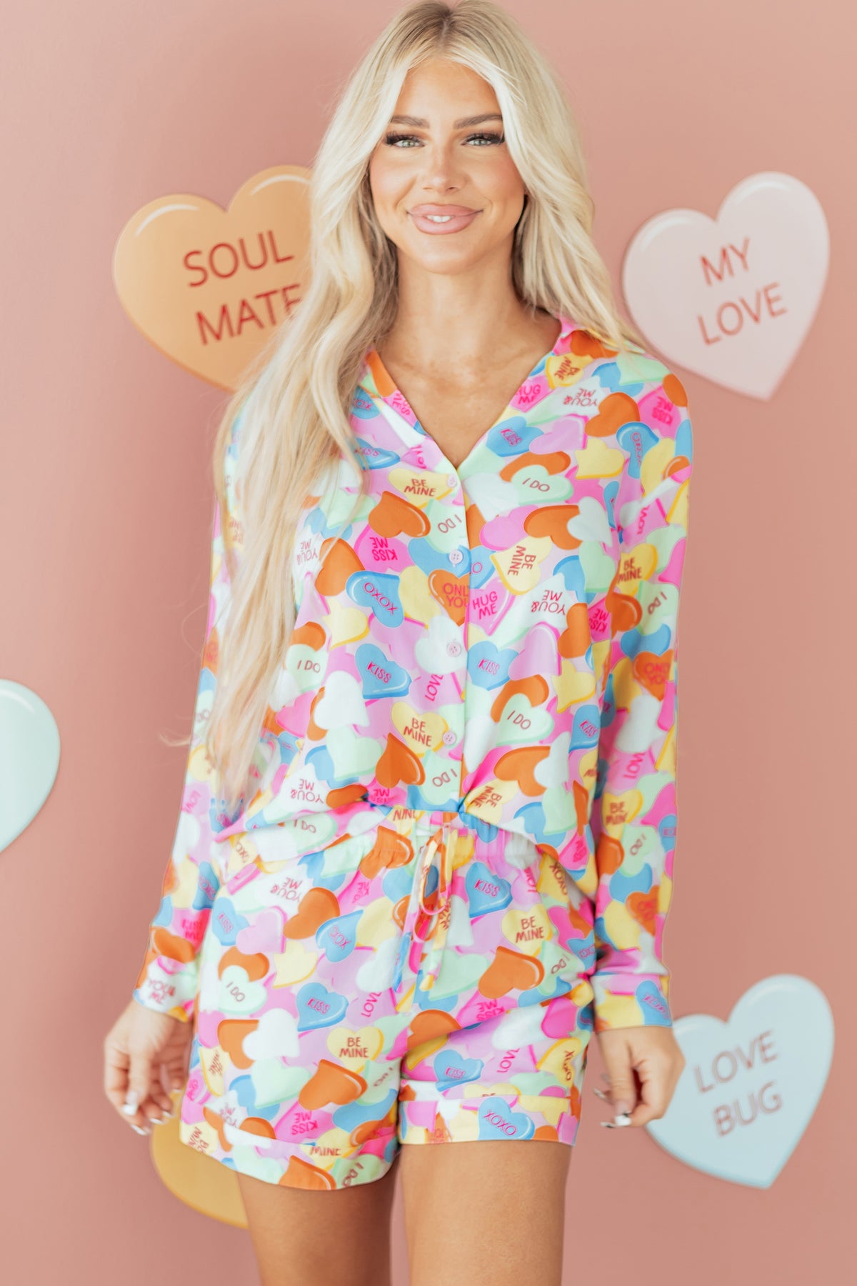 KaleaBoutique Comfortable Valentines Candy Heart V Neck Collared Tunic Shirt and Shorts 2pcs Pajama Set - KaleaBoutique.com