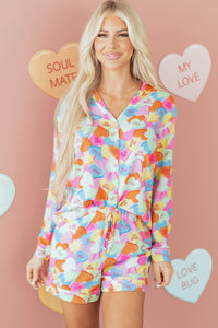 KaleaBoutique Comfortable Valentines Candy Heart V Neck Collared Tunic Shirt and Shorts 2pcs Pajama Set - KaleaBoutique.com