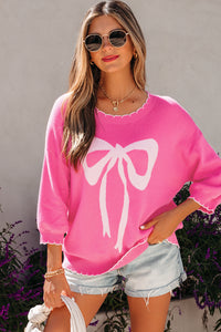 KaleaBoutique Stylish Big Ribbon Bow Print Contrast Stitch Trim Drop Shoulder Sweater - KaleaBoutique.com