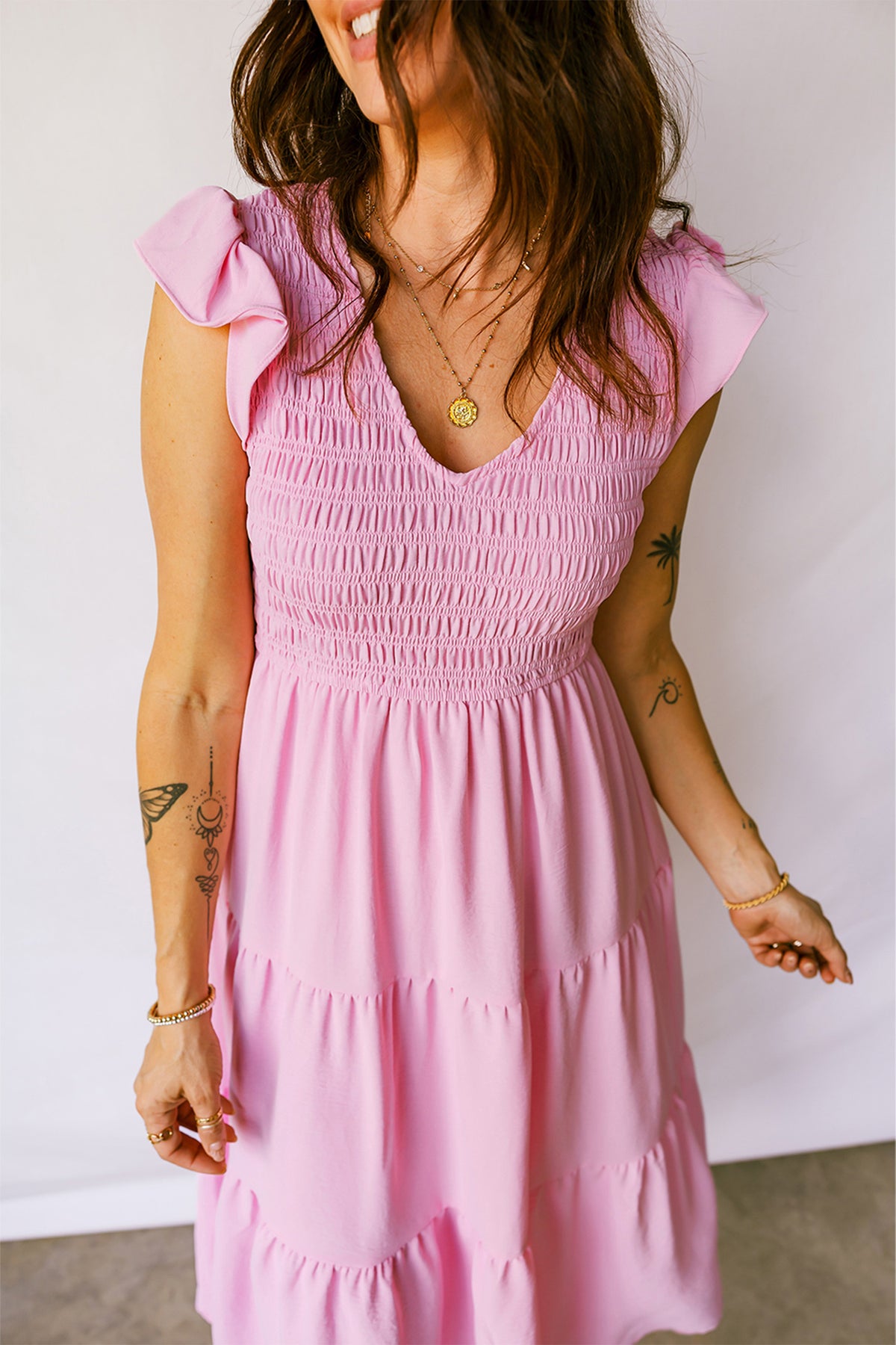 Smocked Bodice Flutter Sleeve Fit Flare Tiered Midi Dress - KaleaBoutique.com
