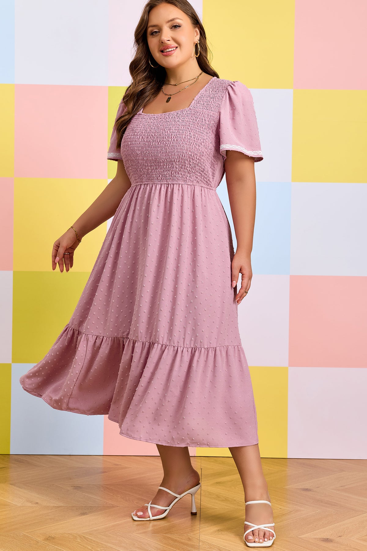 Pink Plus Size Swiss Dot Smocked Midi Dress - KaleaBoutique.com