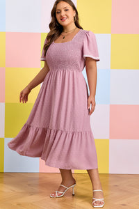 Pink Plus Size Swiss Dot Smocked Midi Dress - KaleaBoutique.com