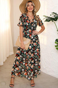 KaleaBoutique Stylish Fiery Floral Print Frilled V Neck Short Sleeve Maxi Dress - KaleaBoutique.com