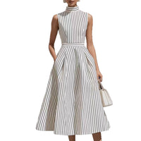 Women's Sleeveless High-Neck Striped Pleated Midi Dress with Pockets - KaleaBoutique.com