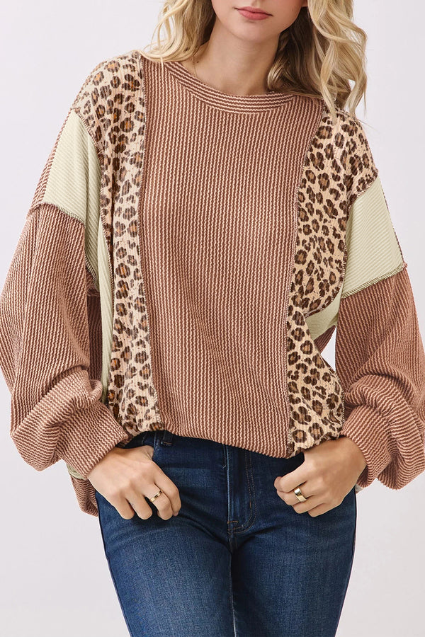 KaleaBoutique Stylish Leopard Print Colorblock Ribbed Knit Top - KaleaBoutique.com